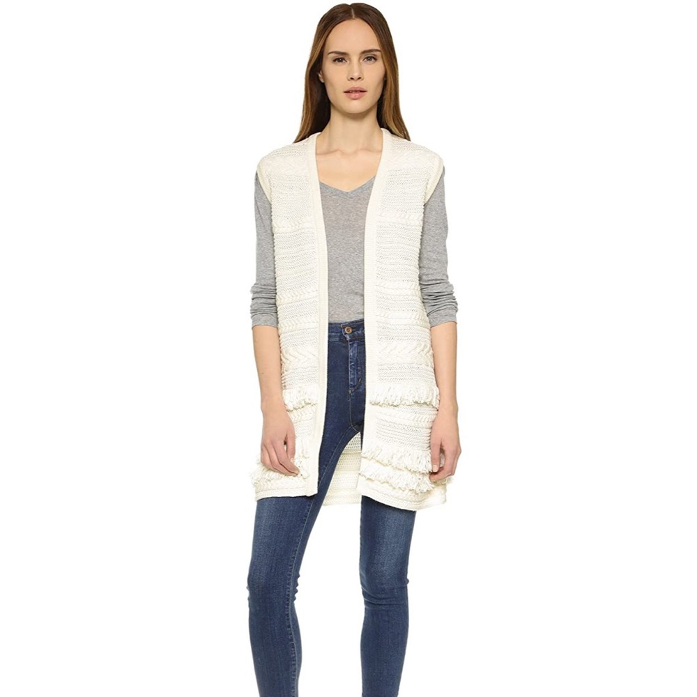 VINCE Womens Small Ivory Fringe 40" Open Cardigan Sweater Sleeveless Vest